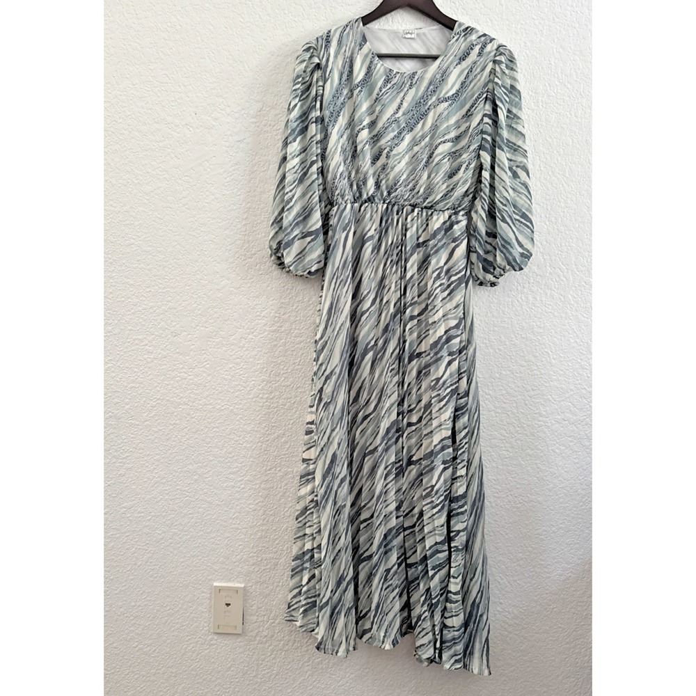 ShArifa Top Beaded Chiffon Maxi Dress Stripe Long Sleeve Pleated Sage Green XL